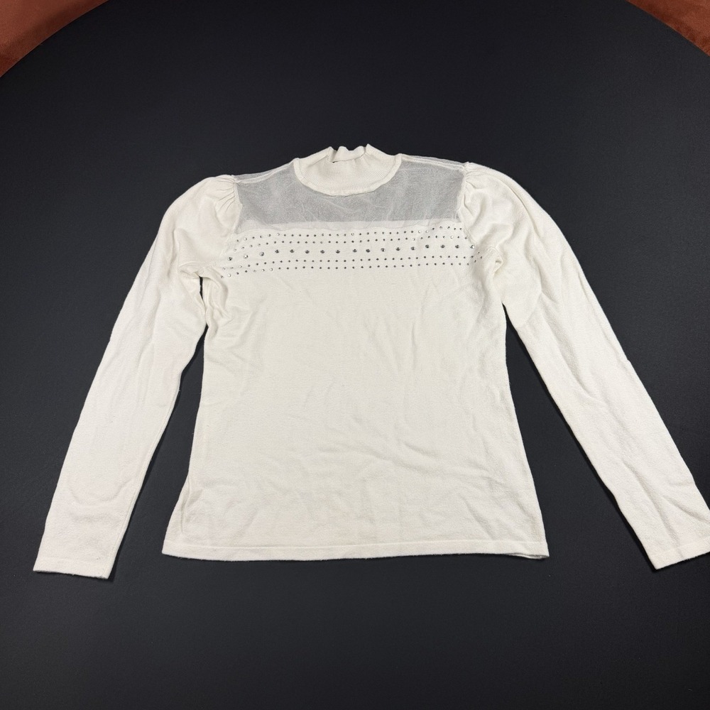 Madison White Sweater With Mesh Top And Silver Jewels Size Small